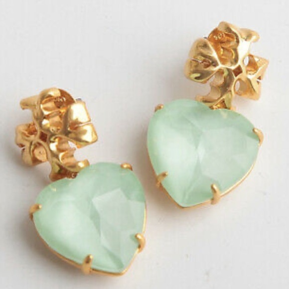 🆕Tory Burch Authentic Roxanne Gold Tone & Crystal Heart Earrings Soft Mint Green - Picture 5 of 12